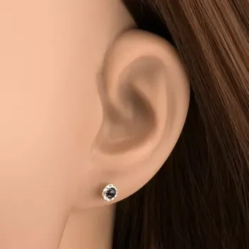 Náušnice Zlaté náušnice 585 - kruhový safír černé barvy, čiré krystalky Swarovski