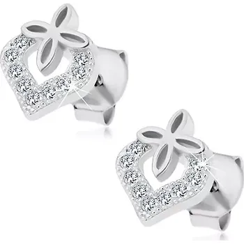 Náušnice Stříbrné náušnice 925, neúplný obrys srdce se zirkony, malý kvítek