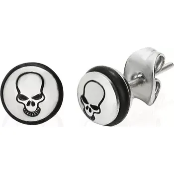 Náušnice Ocelové náušnice - kruh s černou lebkou a gumičkou