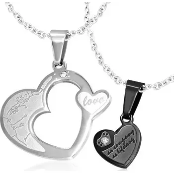 Přívěsek Šperky Eshop Dvojitý přívěsek pro pár, ocel 316L - srdce stříbrné a černé barvy, zirkony