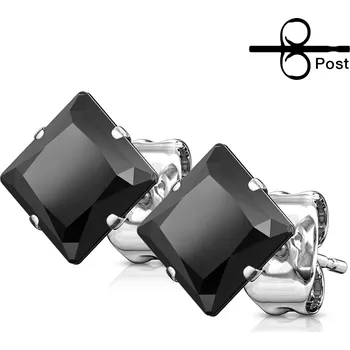 Náušnice Náušnice z chirurgické oceli - černý čtvercový zirkon - Velikost zirkonu: 4 mm