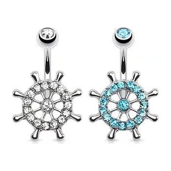 Piercing Piercing do pupíku z chirurgické oceli, lodní kormidlo zdobené zirkony - Barva zirkonu: Aqua modrá - Q