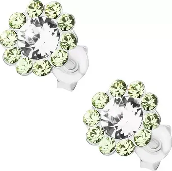 Náušnice Náušnice ze stříbra 925, blýskavý kvítek, čirý a světle zelené krystaly Preciosa