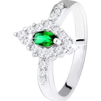 Prsten Stříbrný prsten 925, kosočtverec s tmavě zeleným očkem a čirým lemem - Velikost: 57