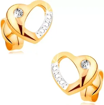 Náušnice Briliantové náušnice ze 14K zlata - dvoubarevné srdíčko s výřezem a diamantem