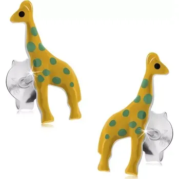 Náušnice Puzetové náušnice, stříbro 925, žlutá glazovaná žirafa se zelenými tečkami