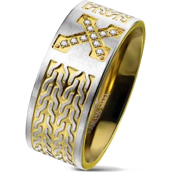 Prsten Prsten z chirurgické oceli, kříž se zirkony, řetízkový vzor, 9 mm - Velikost: 68