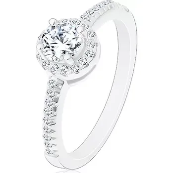 Prsten Zásnubní prsten - stříbro 925, zářivý kulatý zirkon čiré barvy ve třpytivém kruhu - Velikost: 62