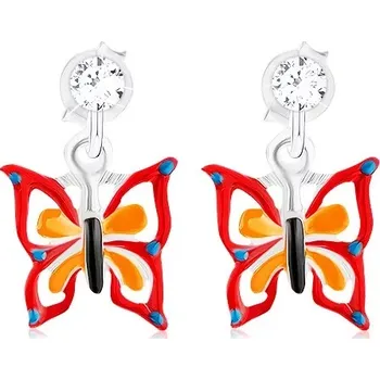 Náušnice Náušnice ze stříbra 925, puntíkovaný motýl s červeno-oranžovou glazurou