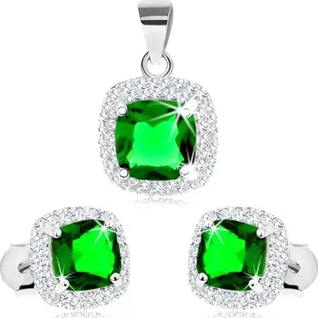 Souprava šperků Stříbrná 925 sada přívěsku a náušnic, zelený zirkonový čtverec, čirý lem