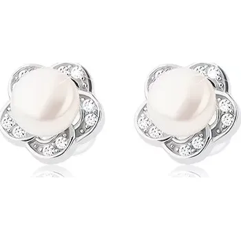Náušnice Puzetové náušnice ze stříbra 925, čirý zirkonový květ s bílou perlou