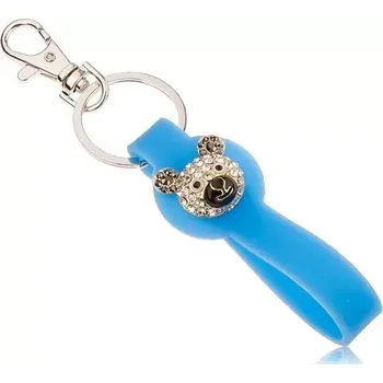 Klíčenka stříbrné barvy, modrý silikonový přívěsek, hlava medvídka, zirkony