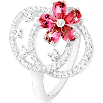 Prsten Prsten, stříbro 925, čiré zirkonové kontury dvou oválů, růžový kvítek - Velikost: 49