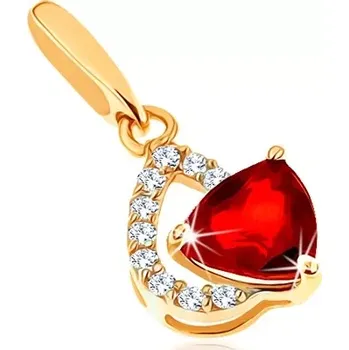 Přívěsek Přívěsek ze žlutého 14K zlata - čirý zirkonový obrys slzy, červený granát