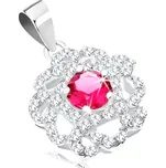 Stříbrný přívěsek 925, kvítek s čirými propletenými lupínky, červený zirkon