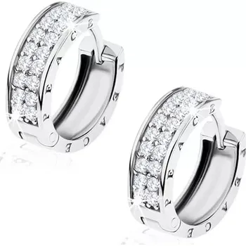 Náušnice Stříbrné kloubové náušnice 925, čiré blyštivé zirkony, nápis "PEACE"