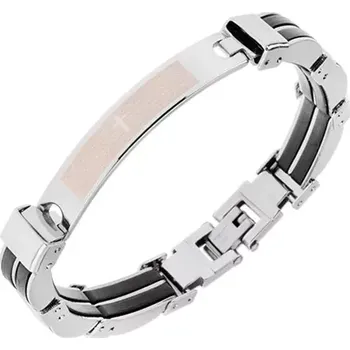 Náramek Náramek z oceli, stříbrná barva, černé pryžové spoje, kříž, nápis