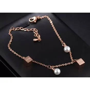 Náramek Ocelový náramek měděné barvy - perleťové kuličky, lesklé kostky s nápisem "LOVE"