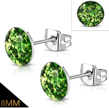 Náušnice Náušnice z oceli 316L - třpytivé zelené glitry zalité čirou glazurou