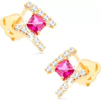 Náušnice Zlaté náušnice 585 - obloučky čirých zirkonů, vybroušený růžový čtvereček