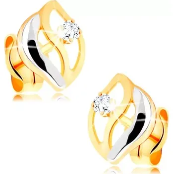 Náušnice Dvoubarevné náušnice ve 14K zlatě - tři zvlněné linie, kulatý zářivý briliant