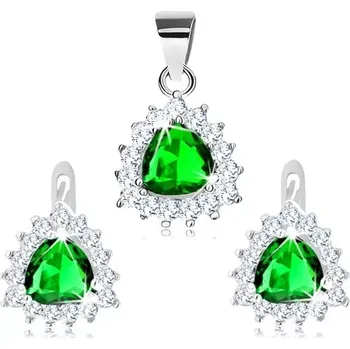 Souprava šperků Set z přívěsku a náušnic, stříbro 925, zelený zirkon v obrysu trojúhelníku
