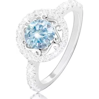 Prsten Stříbrný 925 prsten - světle modrý zirkon, ornamenty, zirkonový kruh a ramena - Velikost: 60