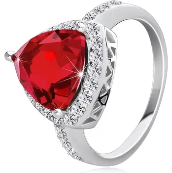 Prsten Stříbrný 925 prsten, mohutný červený zirkon - trojúhelník, drobné zirkony, výřezy - Velikost: 49