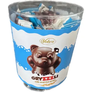 Bonboniéra Čoko MEDVÍDCI s mléčnou náplní - Vobro GRYZZZLI 420 g - jednotlivě balené - dóza 24 ks - VÝPRODEJ !!! DMT: 3/2024 (Pralinky z mléčné čokolády s křupinkami)