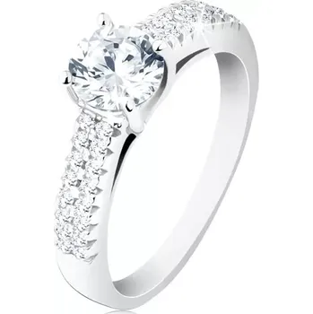 Prsten Stříbrný prsten 925 - zásnubní, čirý kulatý zirkon, zdobená ramena - Velikost: 53