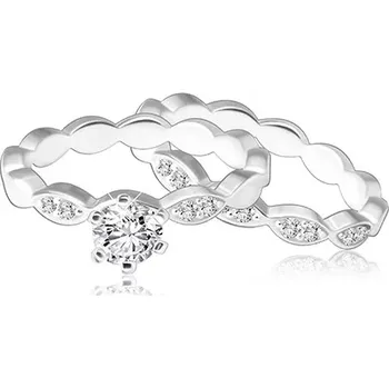 Prsten Dvojset stříbrných prstýnků 925 - pospojovaná zrnka ozdobená zirkony, blýskavý kulatý zirkon - Velikost: 58