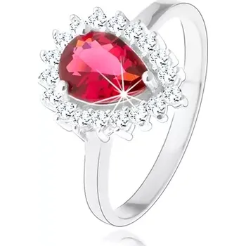 Prsten Stříbrný 925 prsten, rubínově červená zirkonová slza, čirý třpytivý lem - Velikost: 51