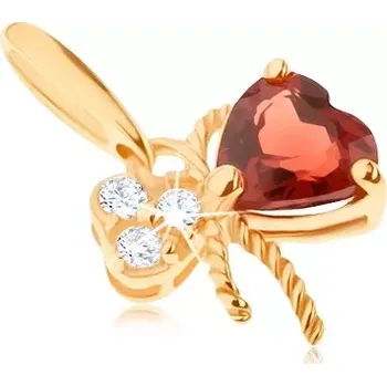 Přívěsek Zlatý přívěsek 585 - mašlička ozdobená červeným granátem a čirými zirkony