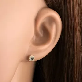 Náušnice Zlaté náušnice 14K čtverec s modrým topazem lemovaným zirkony