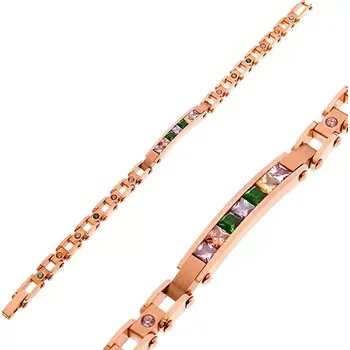 Náramek Náramek z oceli 316L měděné barvy, úzká známka a barevné zirkony