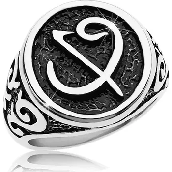 Prsten Prsten z chirurgické oceli - černá pečeť se symbolem, ornamenty na ramenech - Velikost: 58