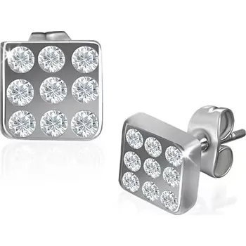 Náušnice Lesklé ocelové náušnice, čtverce stříbrné barvy s čirými kamínky