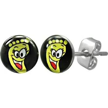 Náušnice Puzetové náušnice z oceli, čirá glazura, žlutá nožka s usměvavou tváří