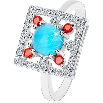 Prsten Prsten ze stříbra 925, čirý zirkonový čtverec, světle modrý kruh uprostřed - Velikost: 48