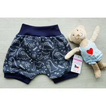 AMÁLKA Bavlněné, letní kraťasy s náplety, modré dino Velikost: 56-62