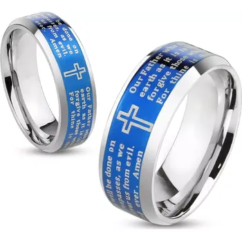 Prsten Lesklý prsten z oceli 316L, modrý pás s křížem a modlitbou, 8 mm - Velikost: 67