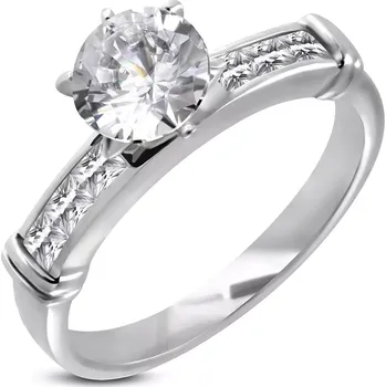 Prsten Zásnubní prsten s velkým vsazeným zirkonem, linie zirkonů v hranaté přední části - Velikost: 55