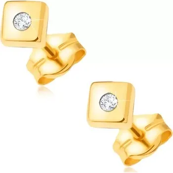 Náušnice Diamantové zlaté náušnice 585 - lesklé čtverce s drobným čirým briliantem uprostřed
