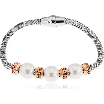 Náramek Ocelový náramek, kolečka v měděném odstínu, korálky s perleťovým leskem