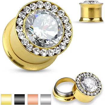 Piercing Plug do ucha z chirurgické oceli - velký čirý zirkon, malé blýskavé zirkonky, 12 mm - Barva piercing: Zlatá