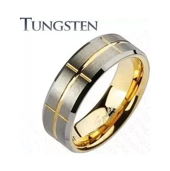 Prsten Dvoubarevný prsten z wolframu, zlatý a stříbrný odstín, zářezy, 8 mm - Velikost: 54