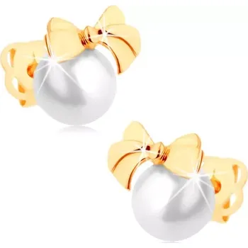 Náušnice Puzetové náušnice ze žlutého 14K zlata - lesklá mašlička, kulatá bílá perla