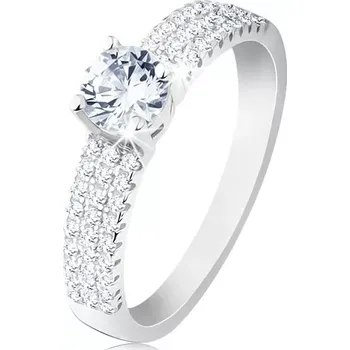 Prsten Zásnubní prsten, stříbro 925, kulatý čirý zirkon, drobné zirkonky na ramenech - Velikost: 56
