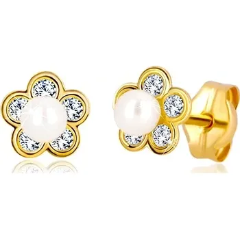 Náušnice Náušnice ze zlata 585 - pětilistý květ se zirkony a perlou