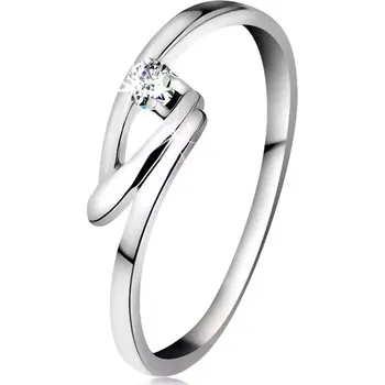 Prsten Prsten v bílém 14K zlatě se zářivým briliantem čiré barvy, zalomená linie ramen - Velikost: 48
